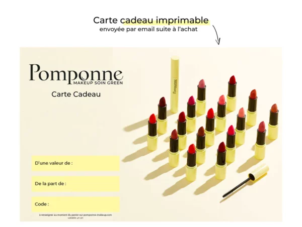 Carte Cadeau Pomponne Makeup Green Rouge à lèvre hydratant naturel mascara personnalisé