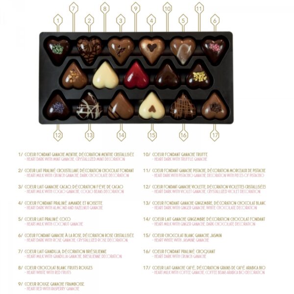 Coffret chocolats et cœur personnalisé planete Chocolat 17 coeurs fourrés