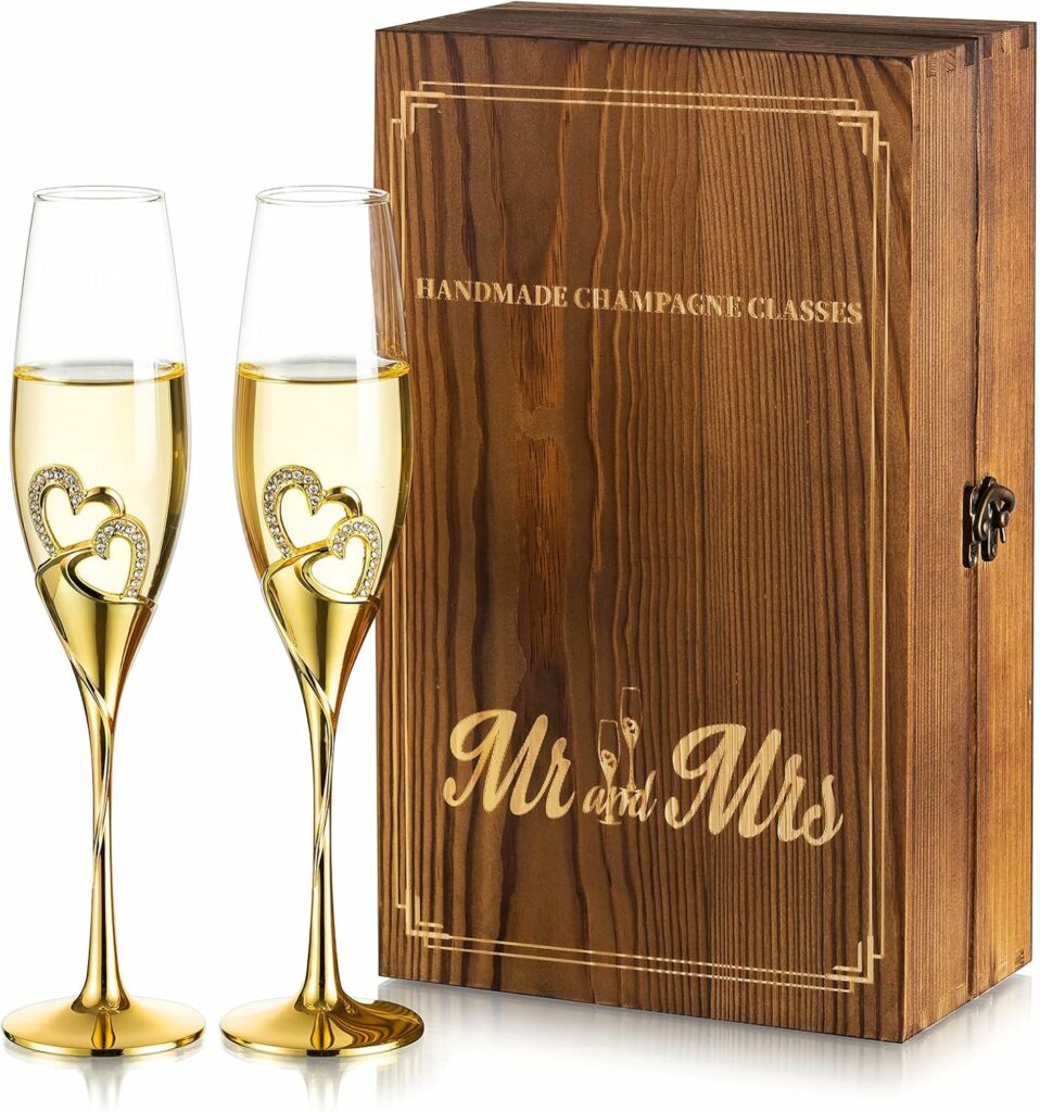 Flûtes à champagne dorées avec boîte en bois NUPTIO meilleure idee cadeau