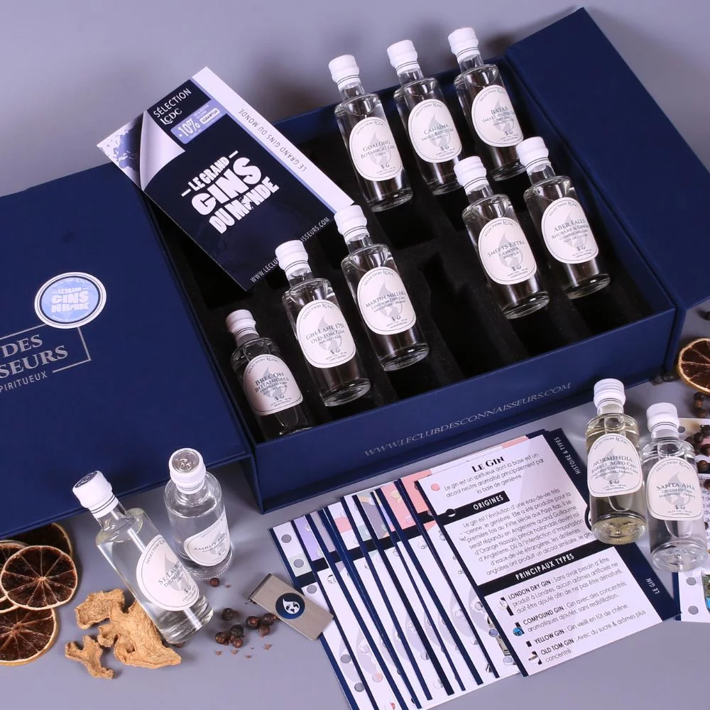 Coffret Dégustation gin - Le Club des Connaisseurs Meilleure idée cadeau coffret découverte de spiritueux gins du monde