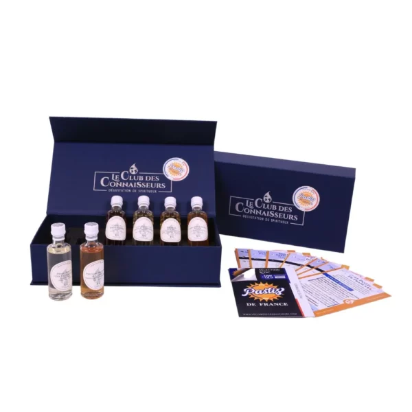 Coffret Dégustation pastis - Le Club des Connaisseurs Meilleure idée cadeau coffret découverte de spiritueux pastis avec fiches