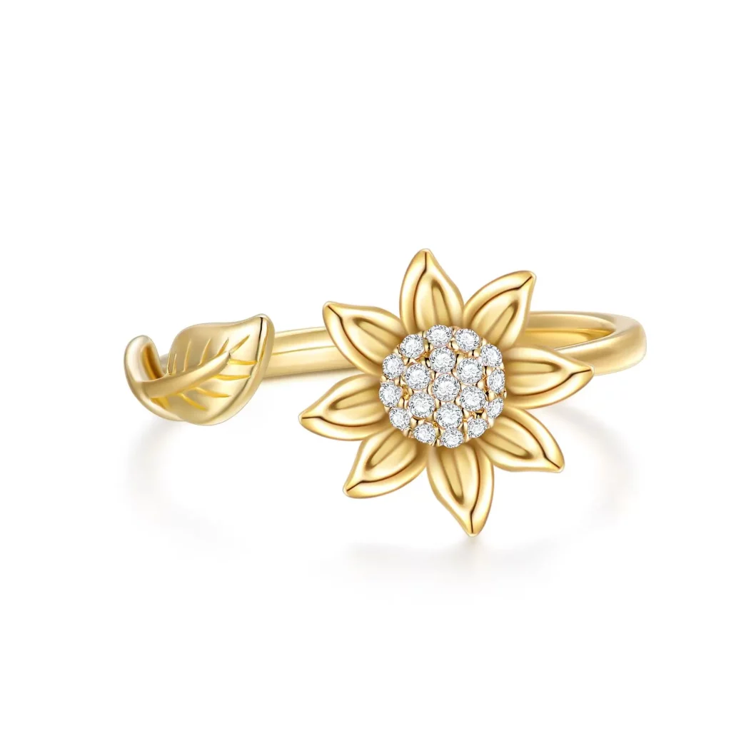 Bague ouverte en or 10 carats tournesol avec moissanite ronde Meilleure idée cadeau bague luxe