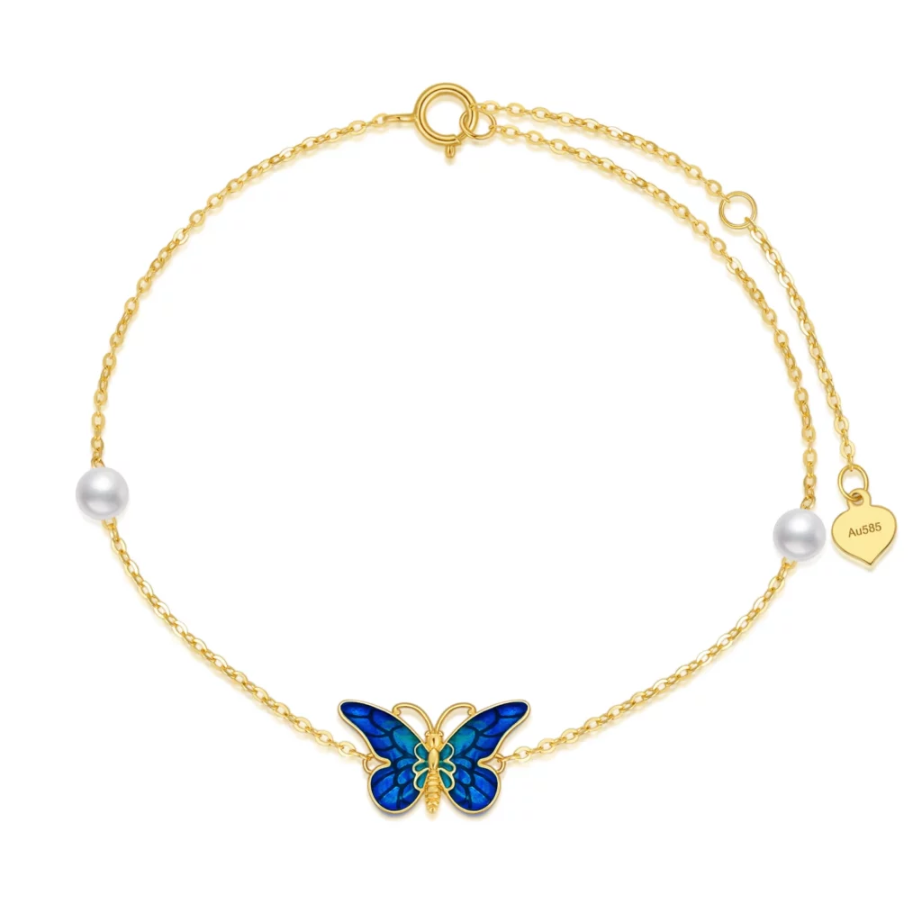 Bracelet à breloques papillon bleu Or 10 Carats et perles Meilleure idée cadeau collier femme