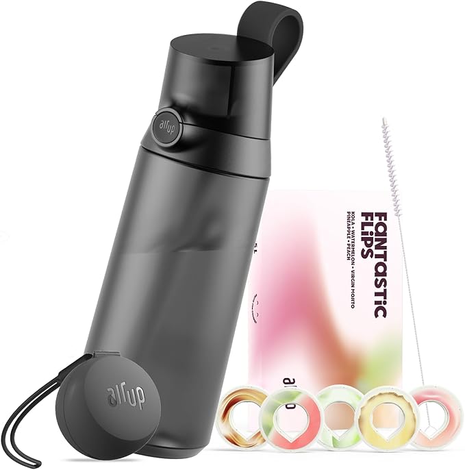 Pack de démarrage air up – Gourde Click Midnight Black 600 ml avec capsules, brosse et étui Meilleure idée cadeau gourde noire, paille et pods goûts fruités