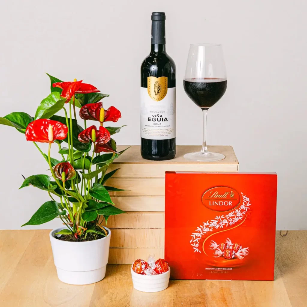 Coffret cœurs rouges Anthurium, vin et chocolats fins meilleure idée cadeau saint valentin