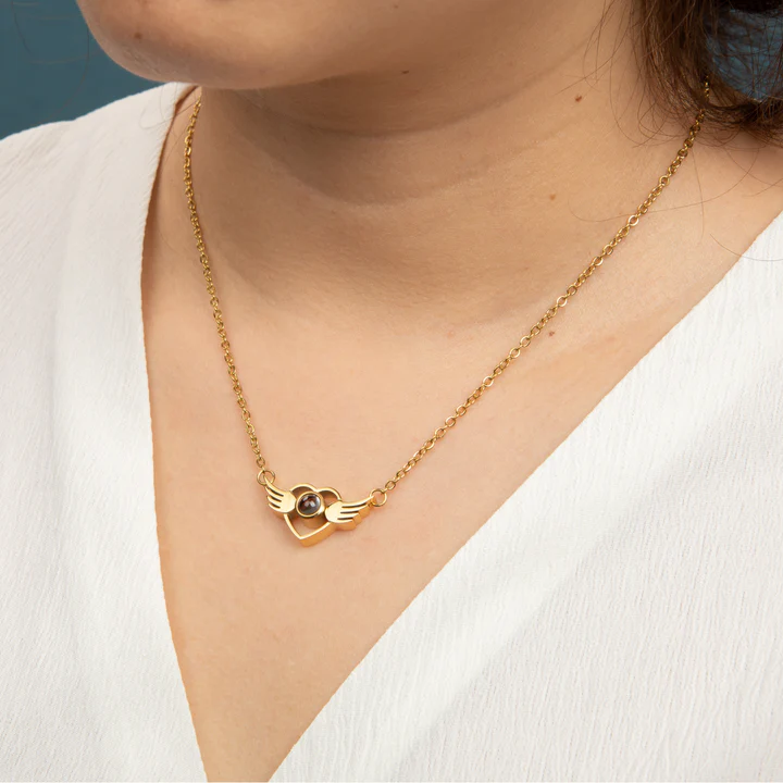 Pendentif projection Photo Mystère en cœur ailé meilleure idée cadeau femme