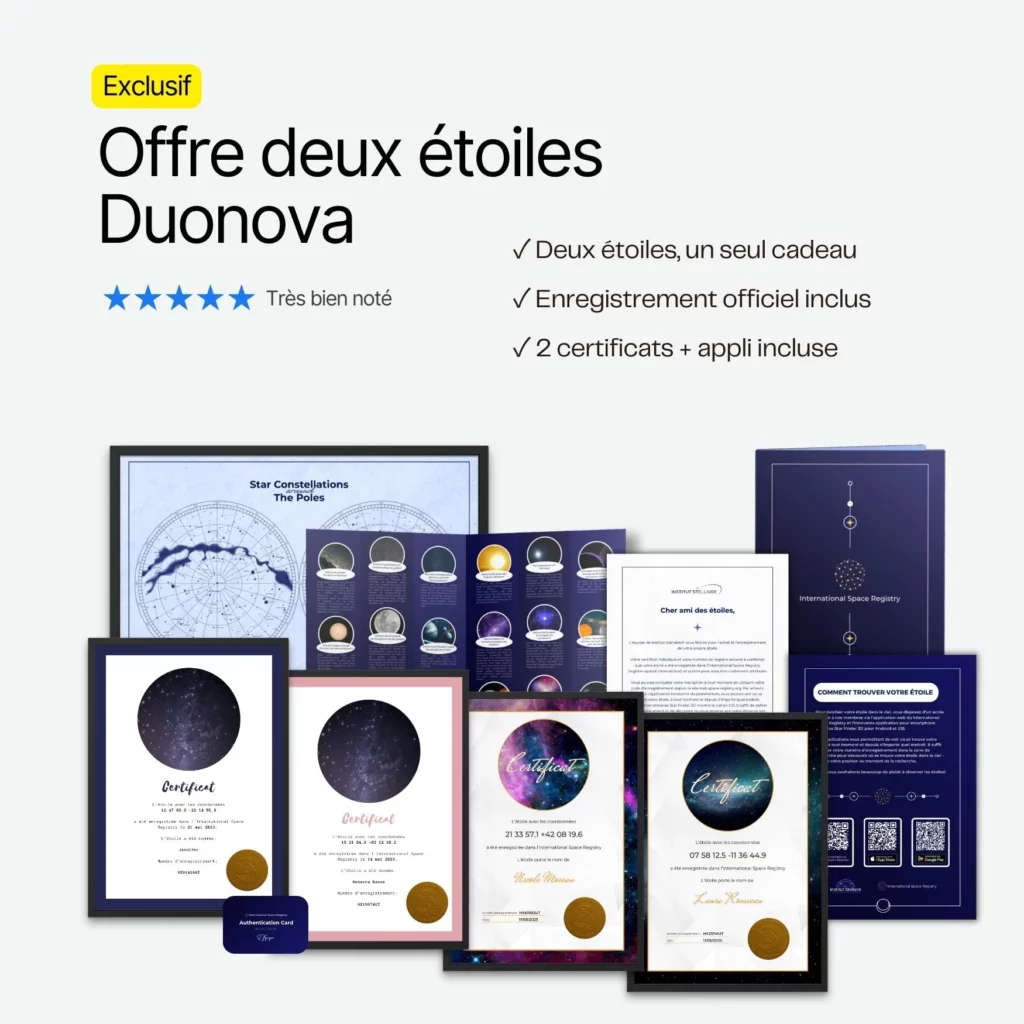 Certificat officiel de deux astres inclus dans le coffret étoile duonova idée cadeau original