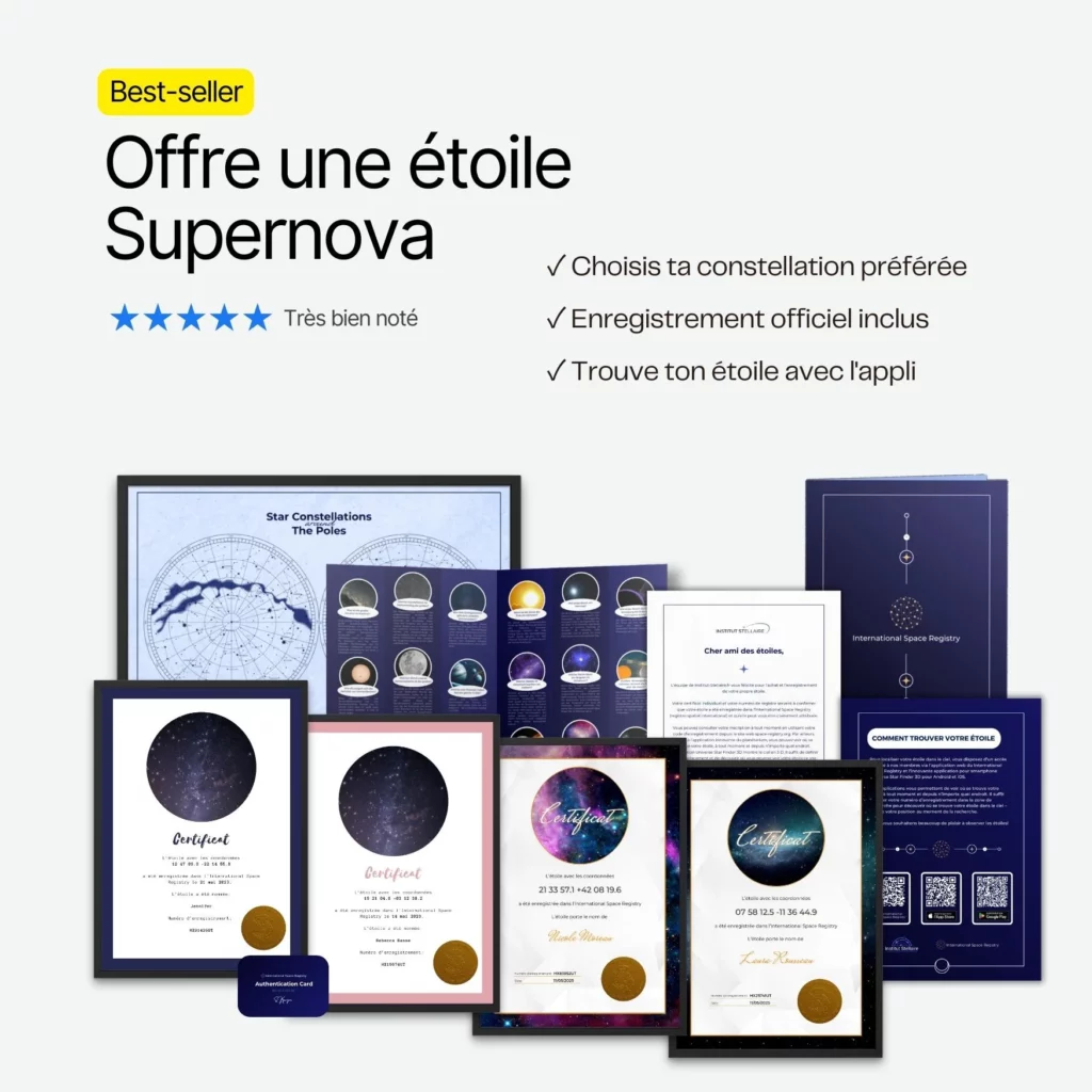 Certificat officiel encadré inclus dans le coffret étoile supernova idée cadeau original