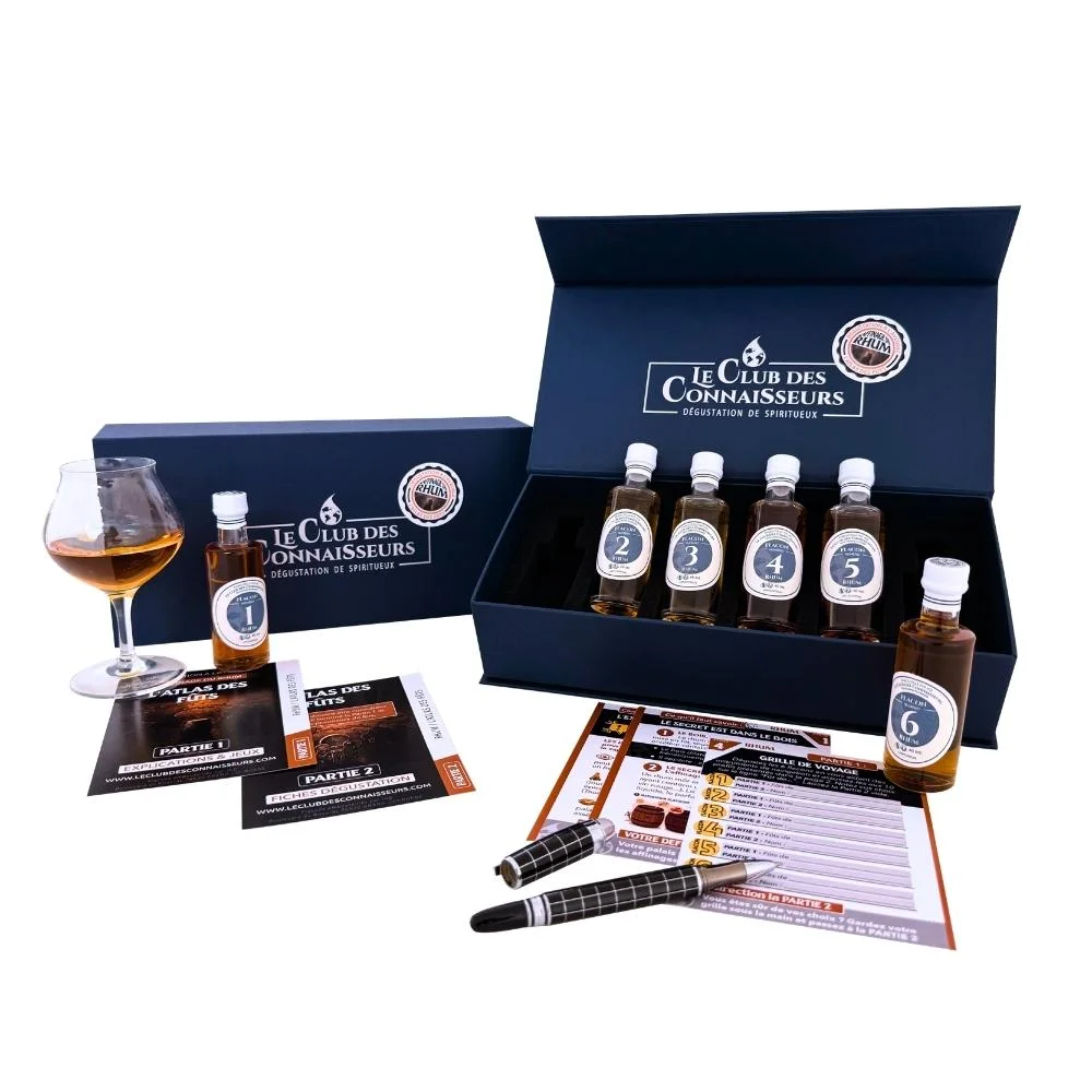 Coffret dégustation à l'aveugle affinage du rhum avec 6 flacons mystères, idée cadeau fête des pères